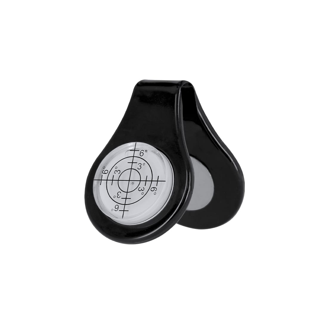 A black golf ball marker with a leveler, featuring a transparent circular section with measurement markings. Yonzor Golf Ball Marker with Leveler - Image 1