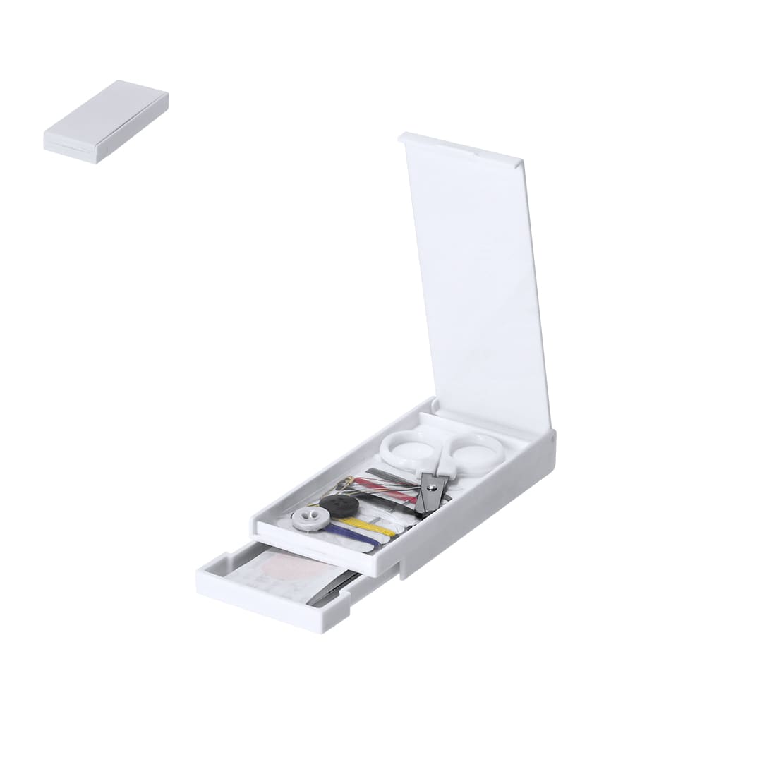 A white sewing kit featuring various supplies, including thread, buttons, and a needle. It has a compact case. Moisan Sewing Kit - Image 1
