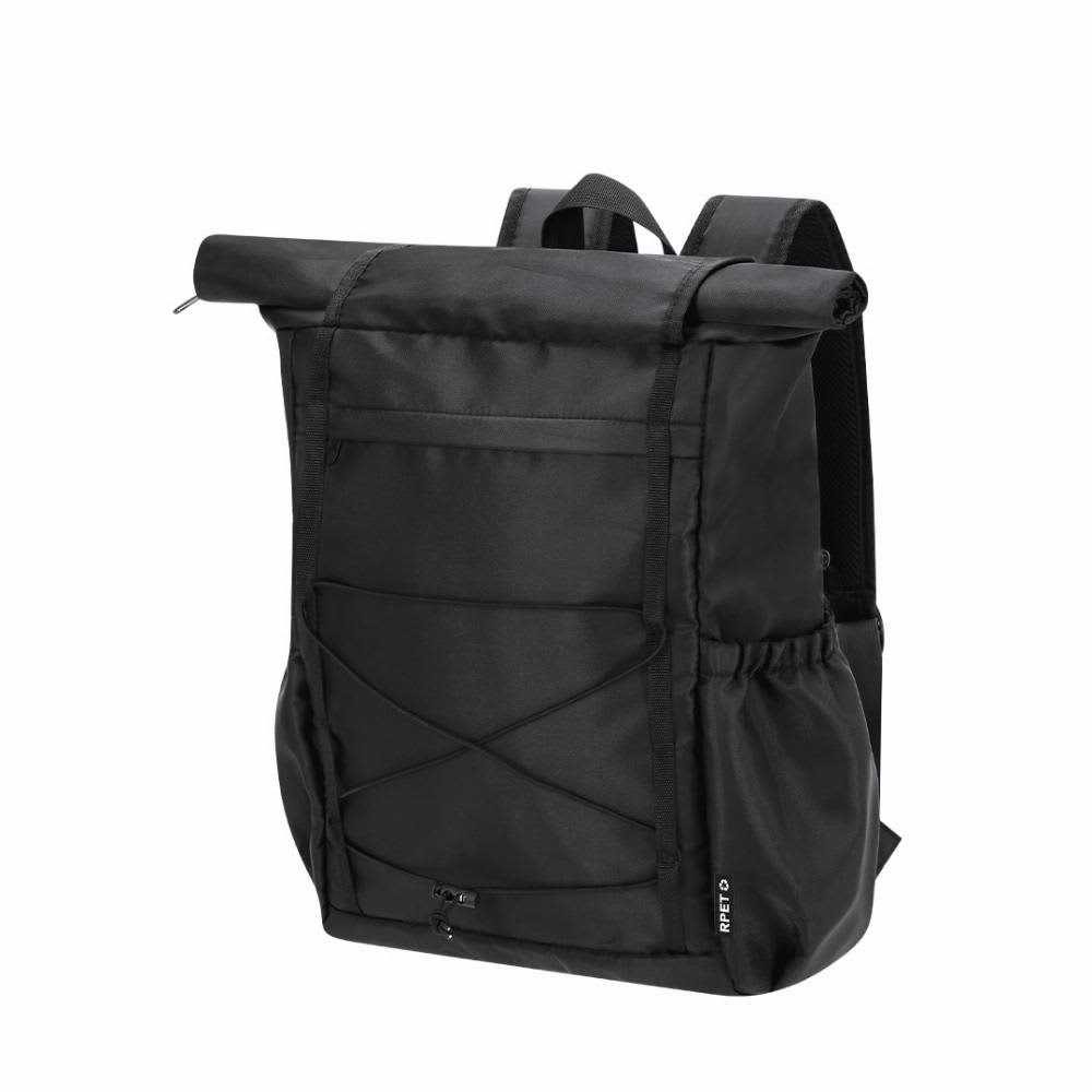 A black roll-top backpack featuring multiple compartments and adjustable straps, with a logo on the side. Zanjur - Image 1