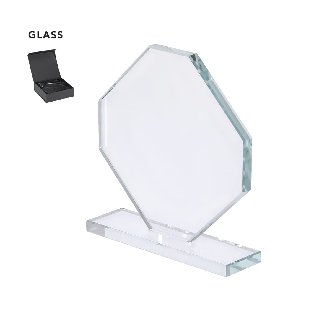 A clear glass octagonal plaque on a rectangular base, presented with a black gift box. Xinobar Plaque - Image 1