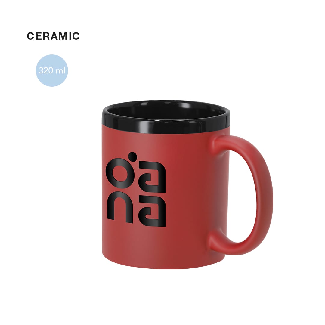 A ceramic coffee mug in red with a black interior and a logo on the side, holding 320 ml. Sanlar Mug - Image 1
