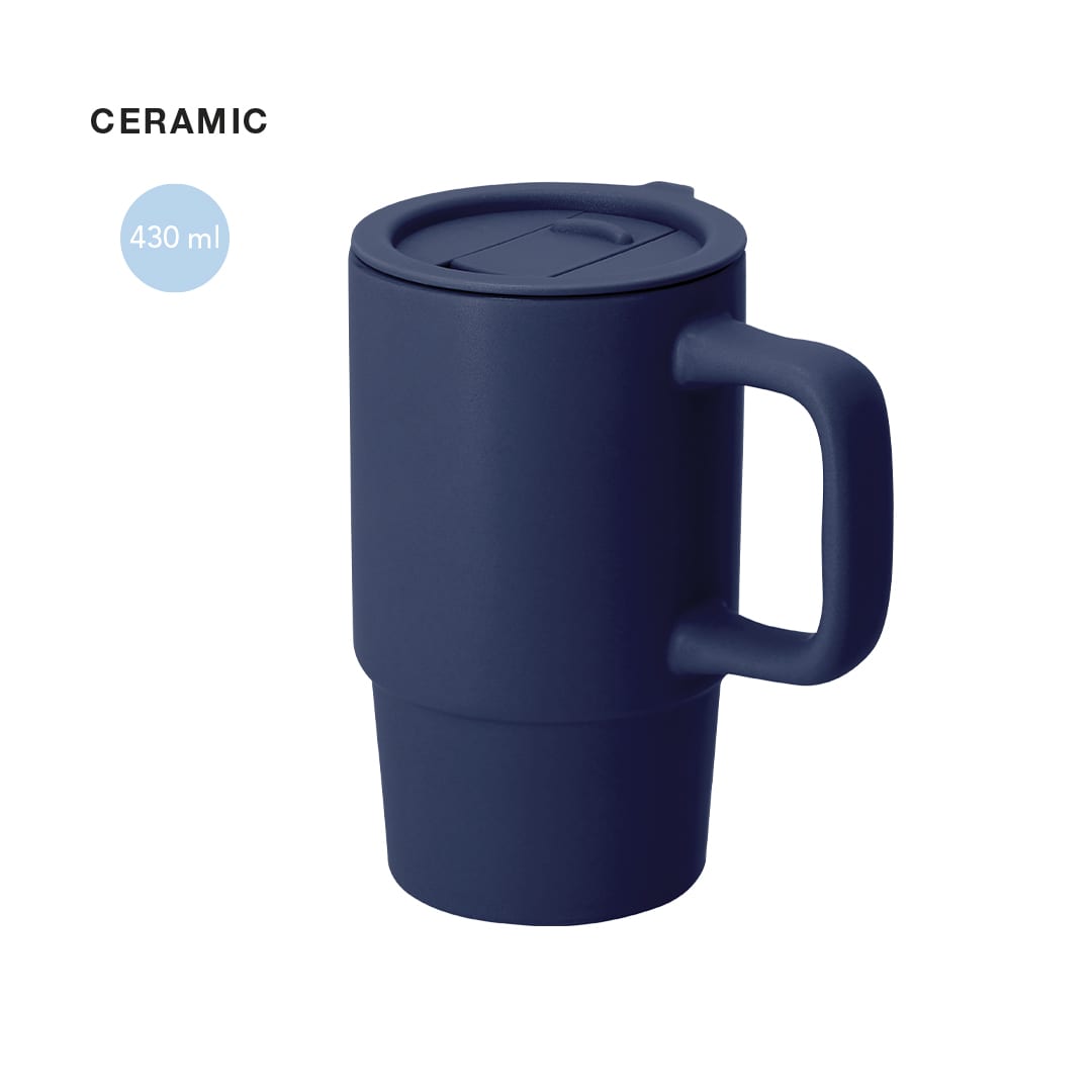 A ceramic coffee mug in a dark blue colour with a lid and a handle, featuring a logo. Holds 430 ml. Ronsyn Mug - Image 1