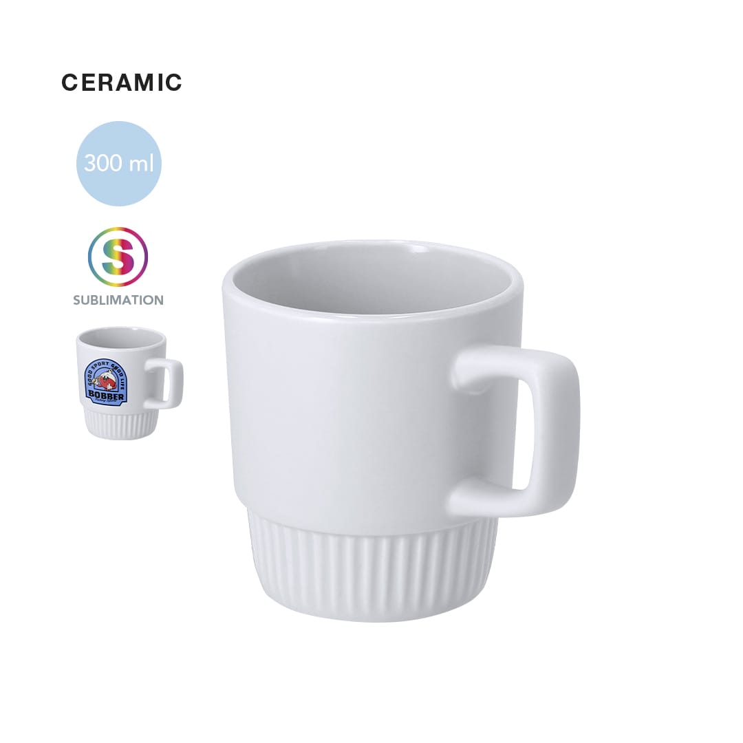 A white ceramic mug with a textured base, featuring a handle and a logo on one side. Holds 300 ml. Rolyan Sublimation Mug - Image 1