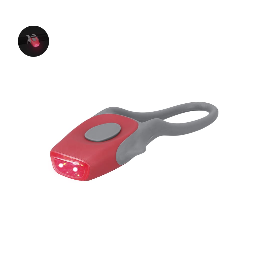 A red and grey bike safety light with a button and two glowing red lights. It has a hook for attachment. Norint Bike Safety Light - Image 1