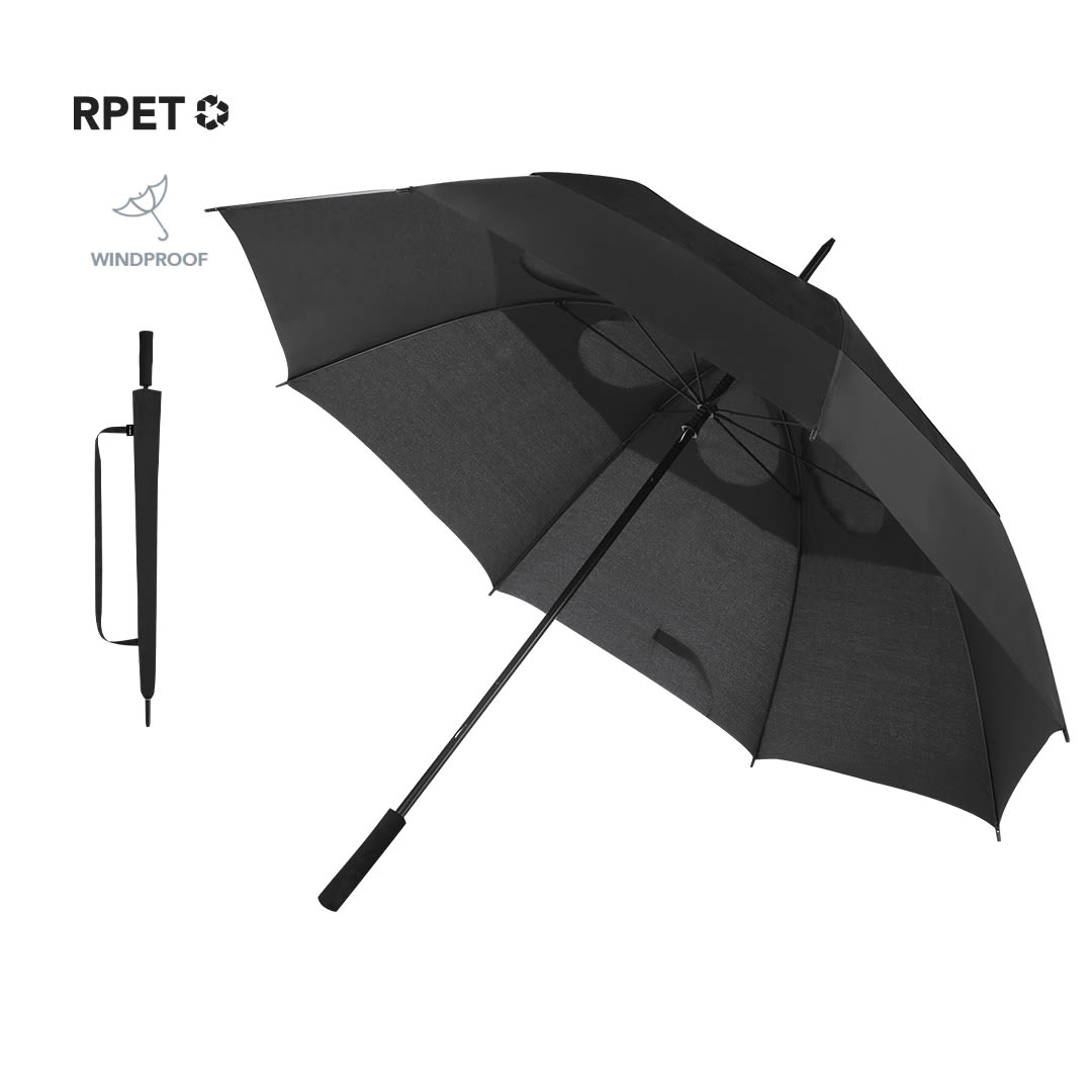 A black umbrella with a windproof design, featuring a sleek handle and a branding logo. Narnor Umbrella - Image 1