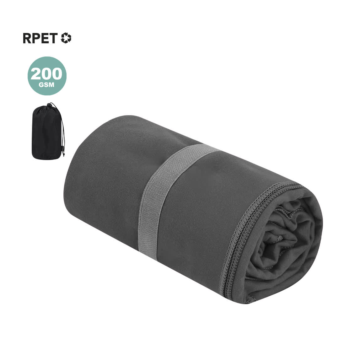 A rolled-up grey absorbent towel with a black carrying bag, designed for leisure and outdoor use. Jutiul Absorbent Towel - Image 1