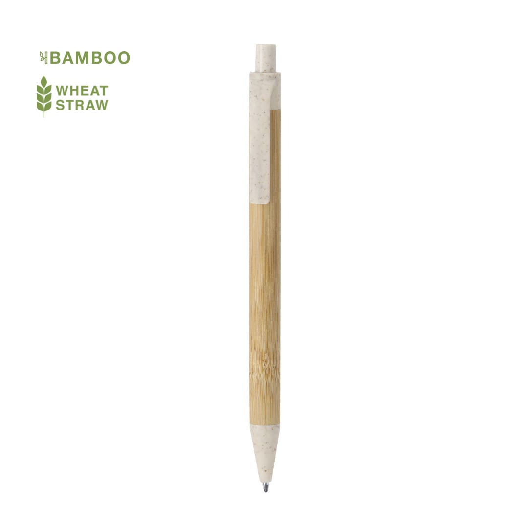 A wooden pen made from bamboo and wheat straw, featuring a natural light brown colour with a white tip. Nilor Pen - Image 1