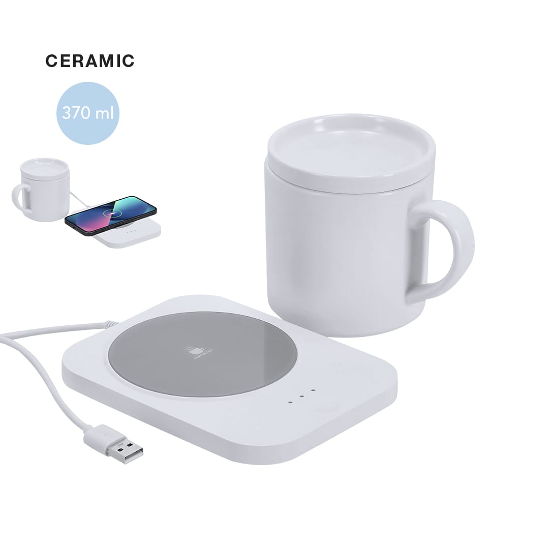 A white ceramic cup with a lid sits next to a wireless charger on a white base, featuring a USB cable. Wasoox Charger Cup Warmer - Image 1
