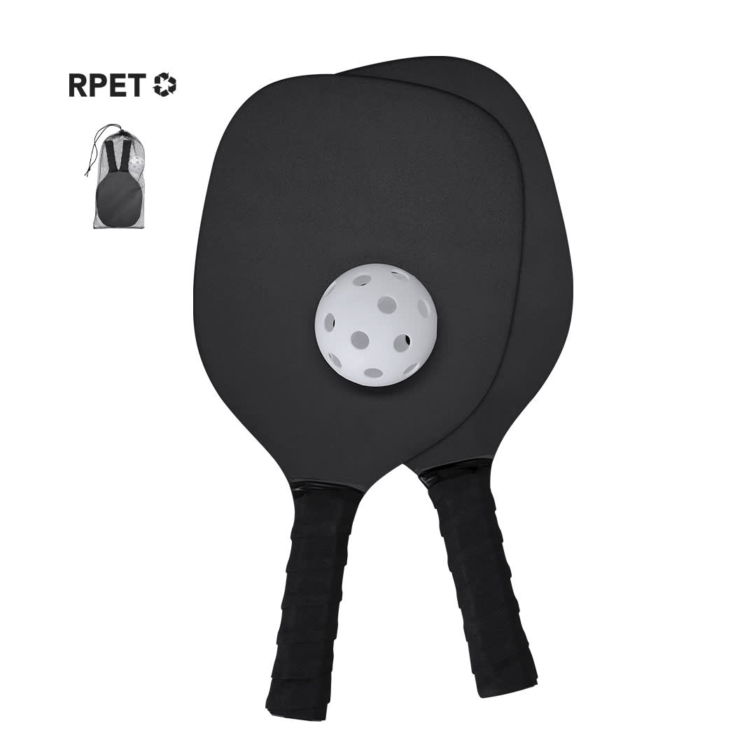 Two black pickleball rackets with a white ball featuring holes, accompanied by a black carrying bag. Wenop Pickle Ball Rackets - Image 1
