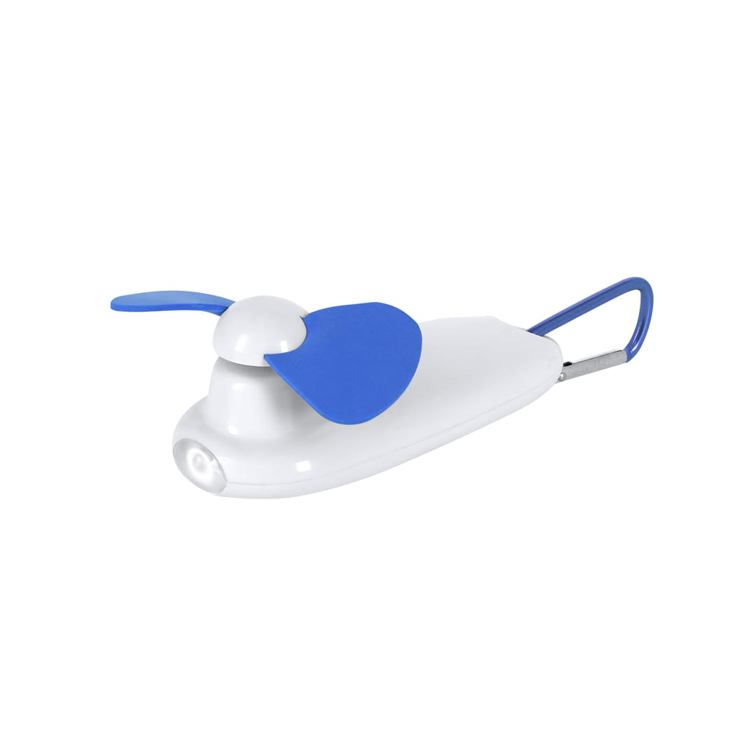 A blue and white portable fan with a carabiner attachment, featuring two blue blades and a light at the front. Ticsy Fan - Image 1
