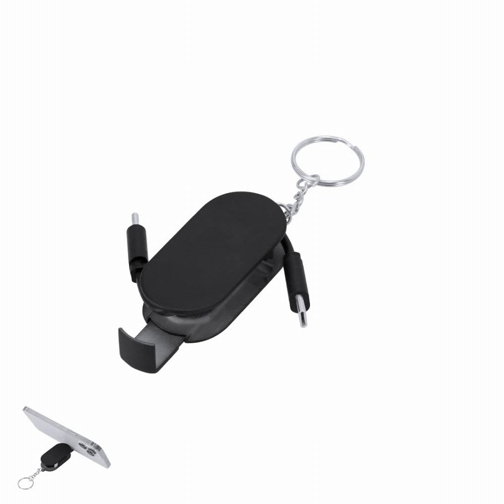 A black multi-tool featuring a keychain, with connectors for various devices and a built-in phone stand. Dintry - Image 1