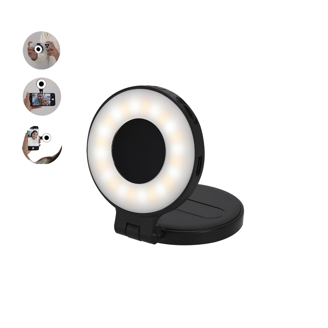 A black ring light with a circular design and adjustable lighting, featuring a stand and brand logo. Cenob Ring Light - Image 1