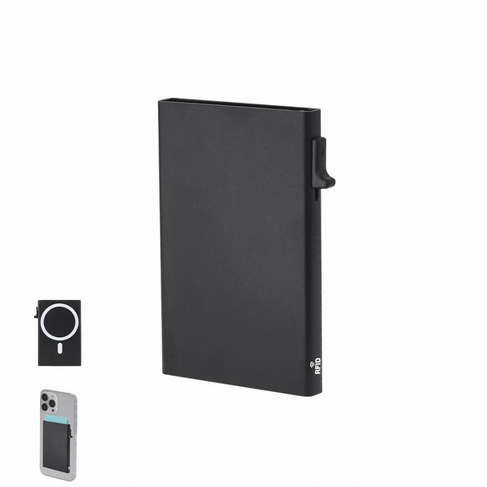 A black RFID blocking wallet with a clip, alongside a phone with a magnetic card holder. Alfek - Image 1