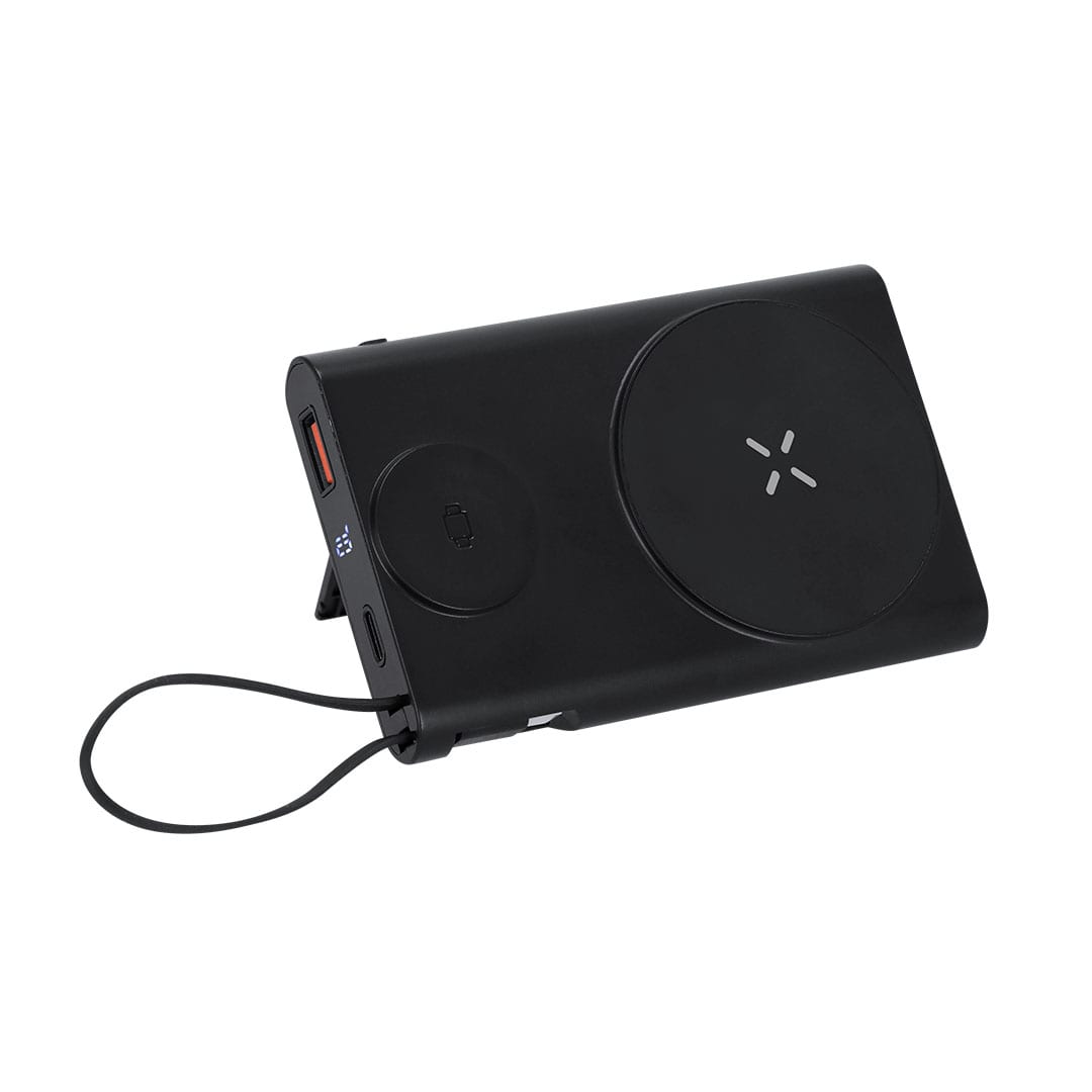 A black power bank with a wireless charging pad, USB port, and a built-in stand. Features a logo on the side. Barian Power Bank - Image 1