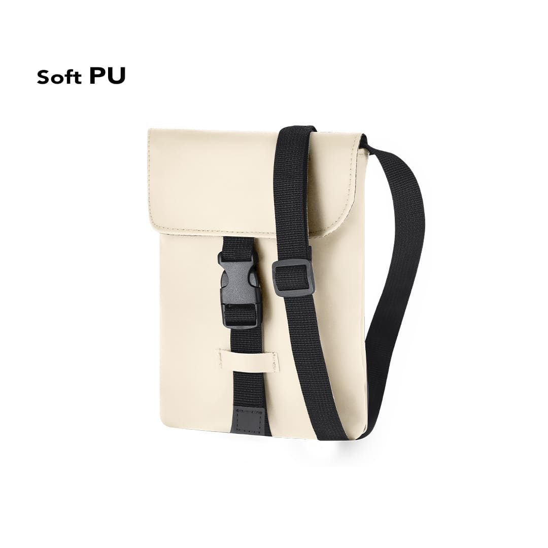 A beige shoulder bag with a flap and adjustable strap, featuring a buckle closure and a branding logo. Zurcix Shoulder Bag - Image 1