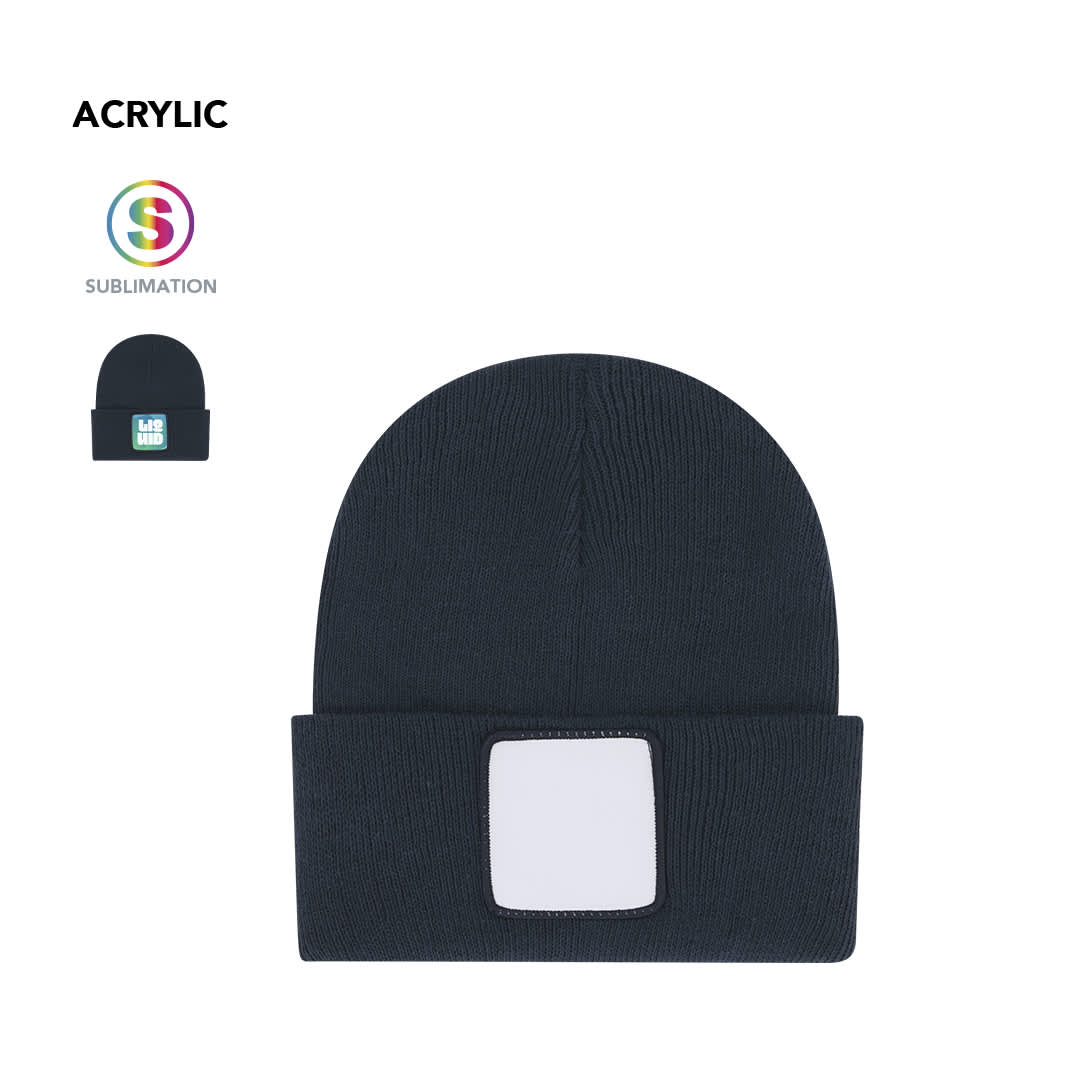 A navy beanie with a square patch for branding or customisation. Made from acrylic material. Tigar Hat - Image 1