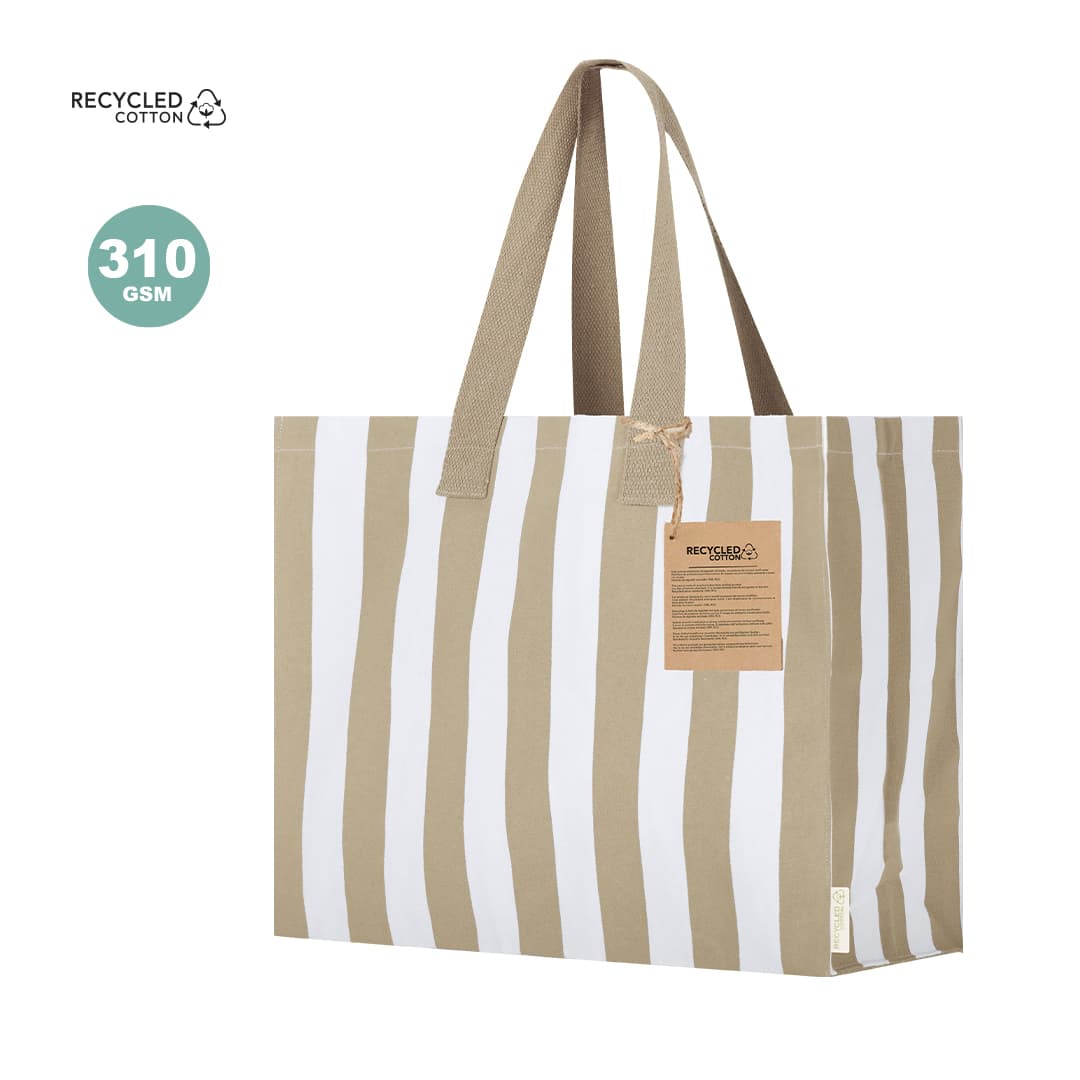 A striped tote bag in beige and white, featuring handles and a tag. The material is recycled cotton. Marylis Bag - Image 1