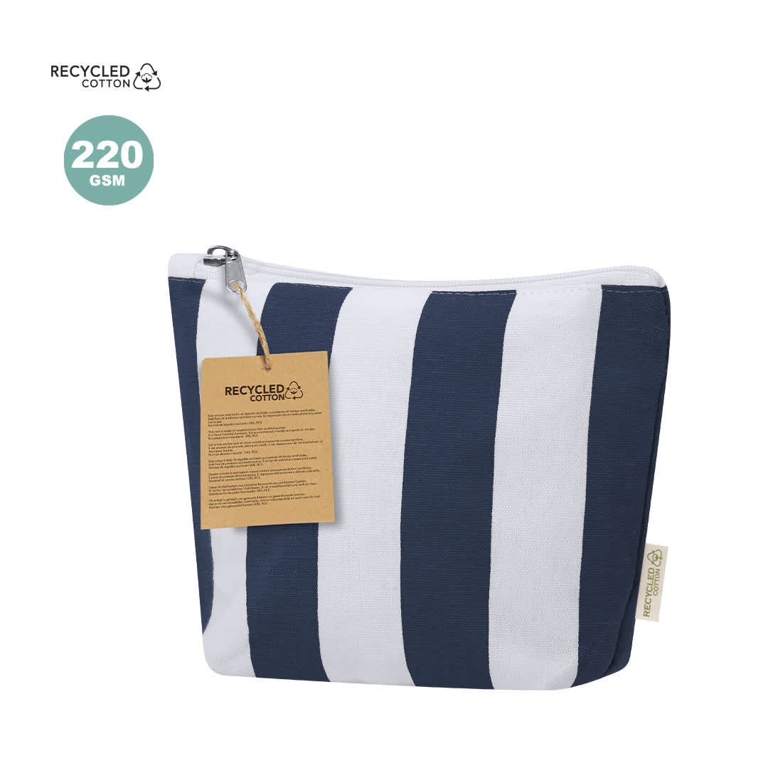 A striped toiletry bag in navy blue and white, made from recycled cotton, featuring a zipper and a branding tag. Goniax Beauty Bag - Image 1
