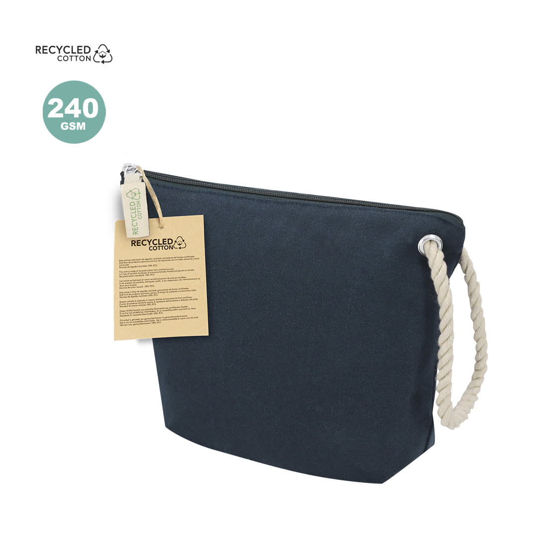 A navy toiletry bag made of recycled cotton with a rope handle and a zip closure. It features a tag. Gerber Beauty Bag - Image 1