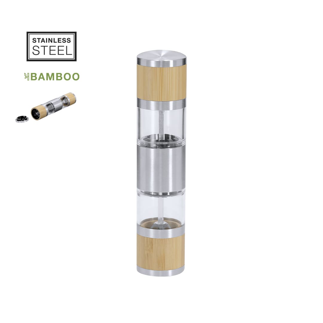 A stainless steel and bamboo salt and pepper mill with a transparent body and a sleek, modern design. Tiamat Salt and Pepper Mill - Image 1