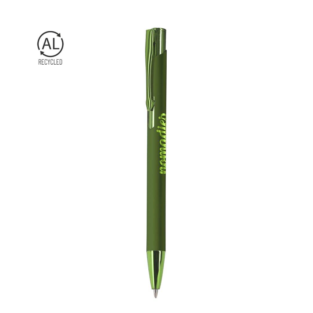 A green metal pen with a clip and branding, featuring a recycled symbol. Trombolix Pen - Image 1