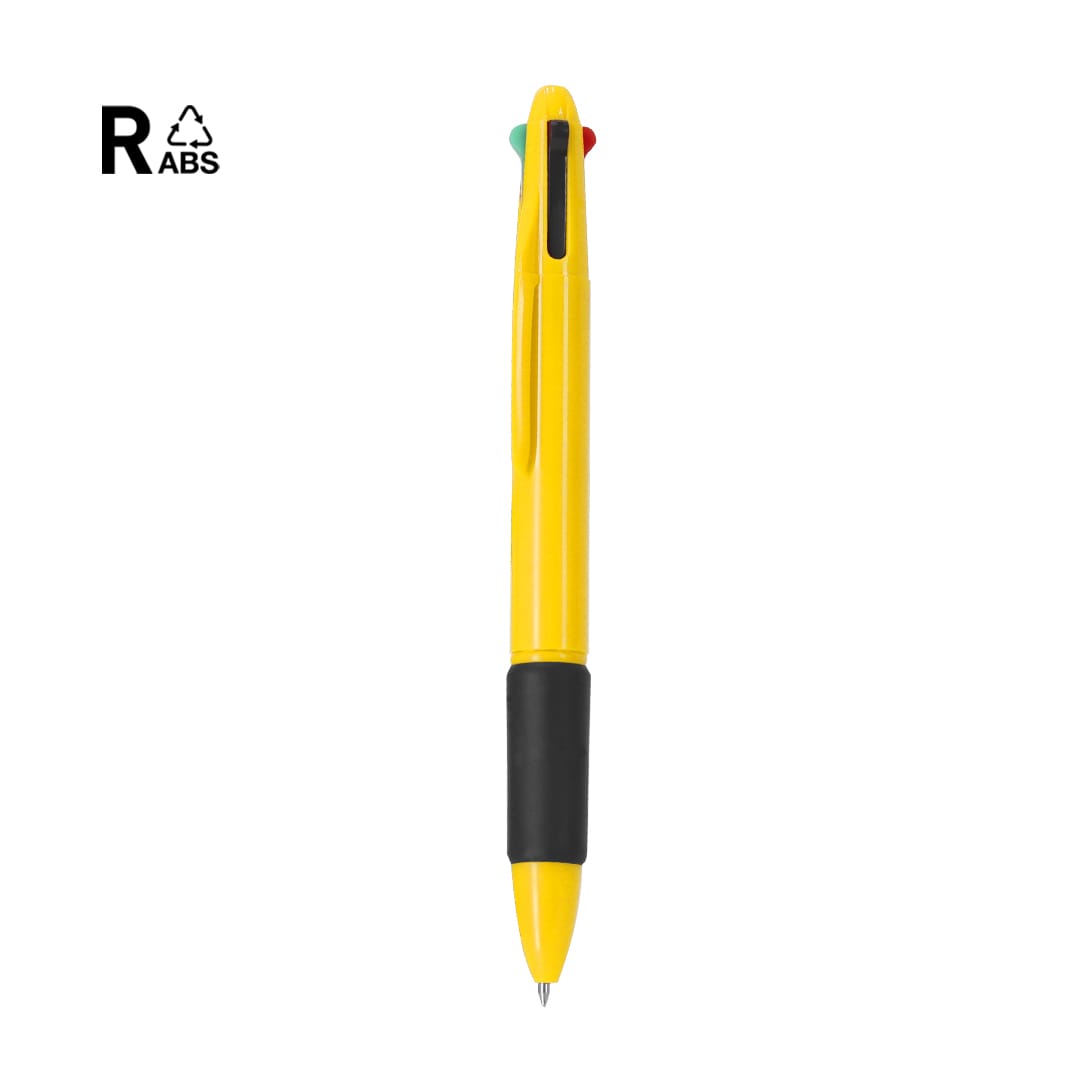 A yellow multicoloured pen with red, green, and blue accents, featuring a black grip and a logo. Zorzal Multicolored Pen - Image 1