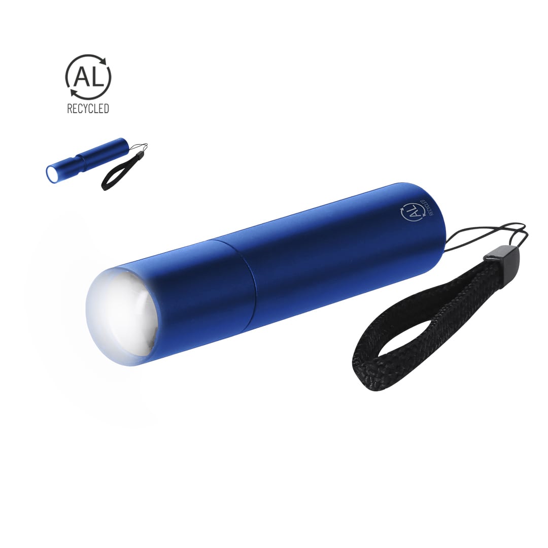 A blue aluminium torch with a wrist strap. Includes a logo, made from recycled materials. Tortol Torch - Image 1