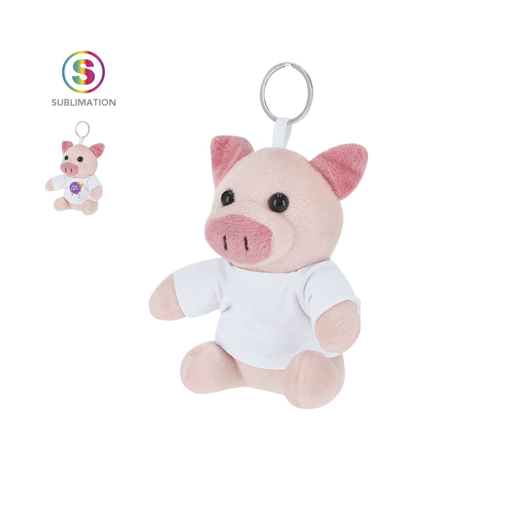 A plush pig keyring in light pink with black eyes and a white shirt, featuring a keychain attachment. Cernil Keyring Teddy - Image 1