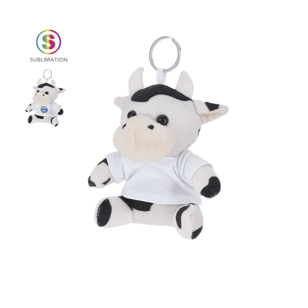A plush cow keyring toy featuring a black and white design, wearing a white shirt. It includes a metal keyring attachment. Goose Keyring Teddy - Image 1