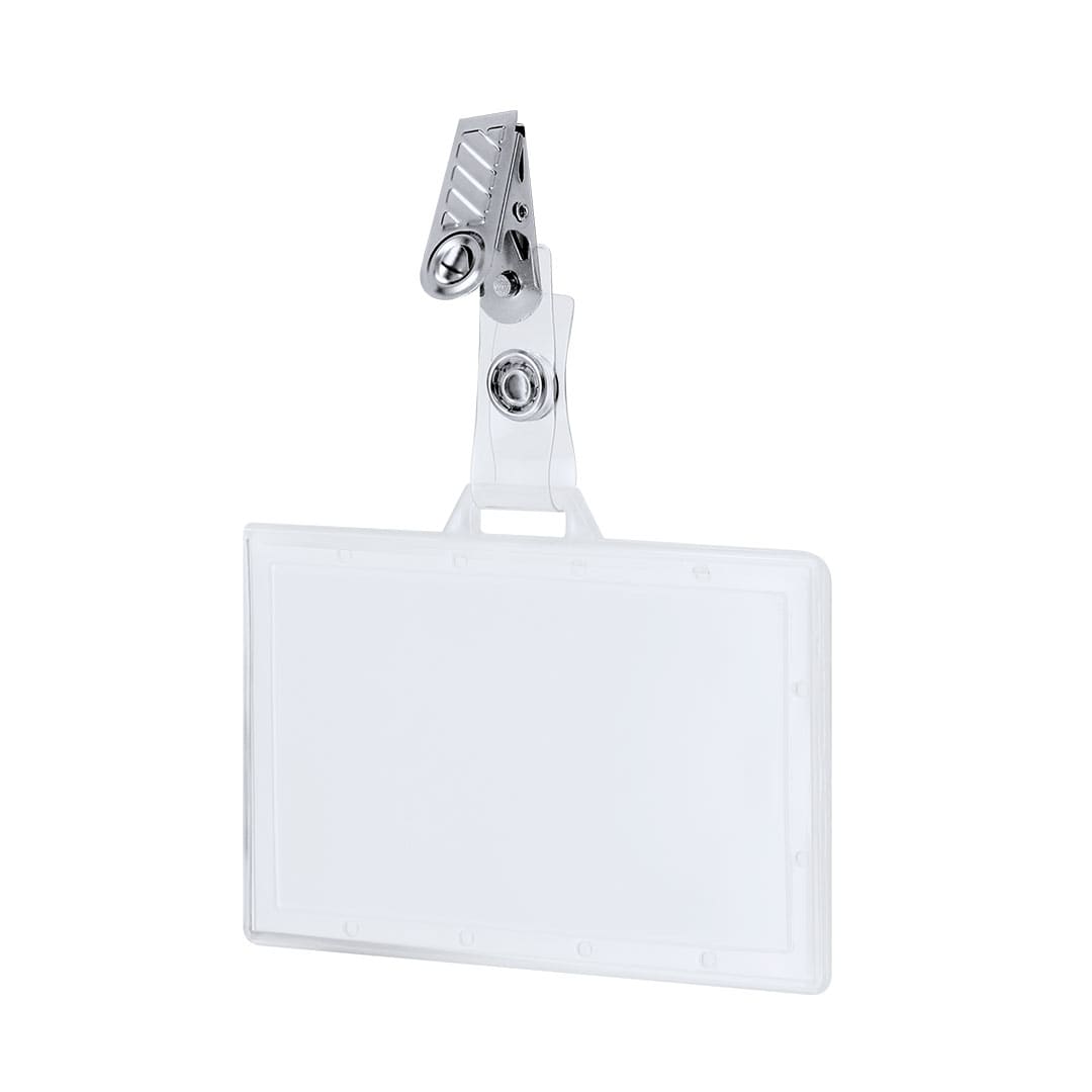 A clear plastic id badge holder with a silver clip on top, designed for holding identification cards. Kapok Id Badge - Image 1