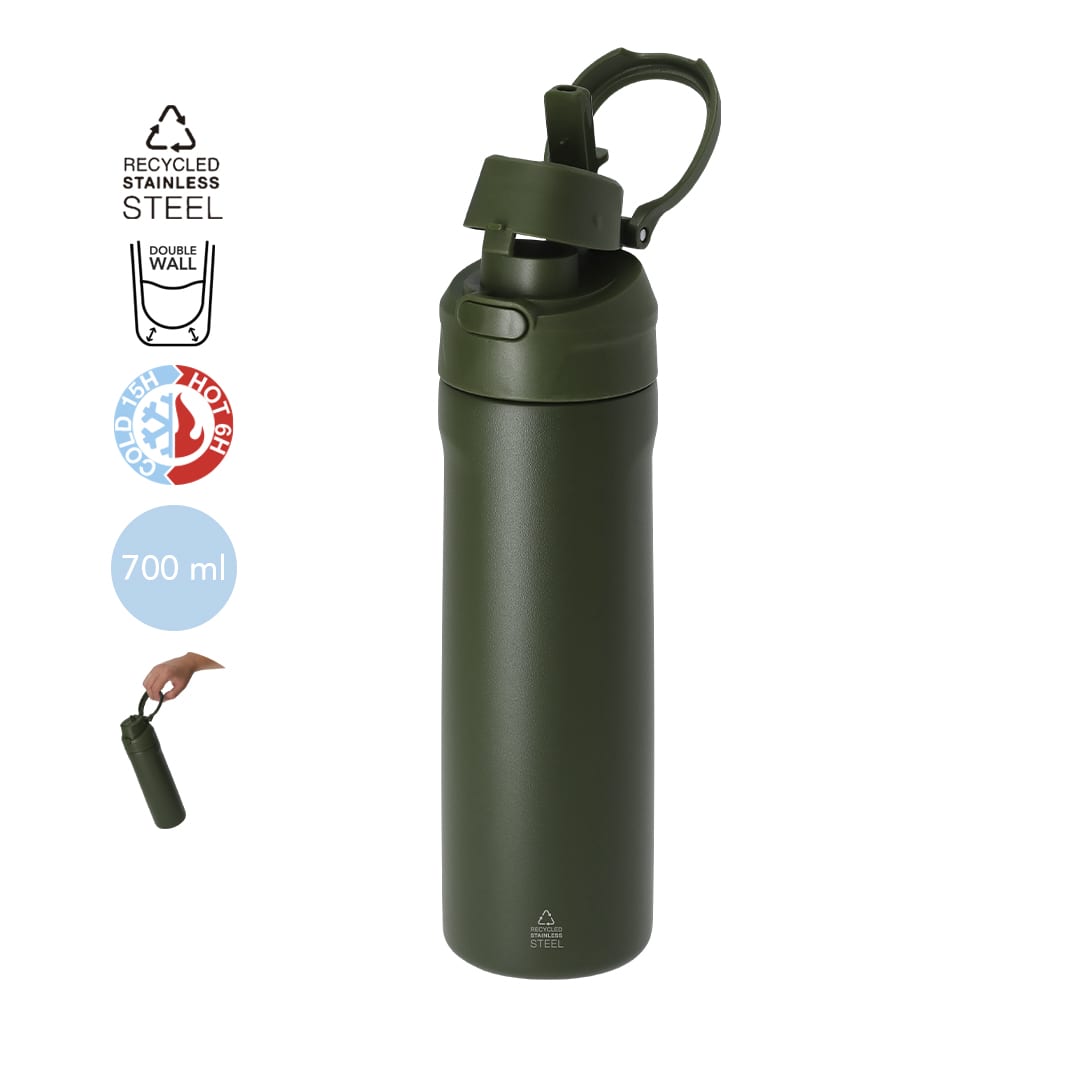 A drink bottle in dark green, made of recycled stainless steel, featuring a double wall design and a hand grip. Ninivek Insulated Bottle - Image 1