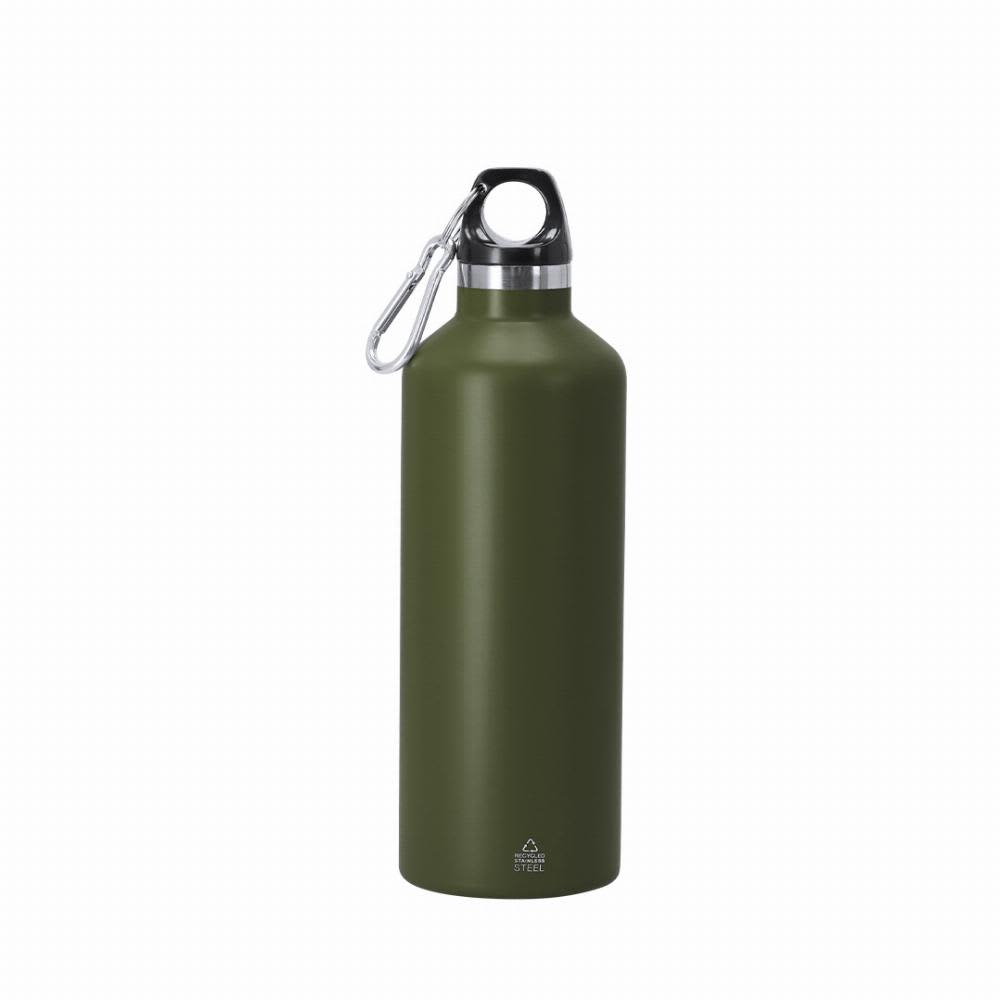 A drink bottle in matte olive green with a silver cap and carabiner clip, featuring a branding logo. Angkor - Image 1