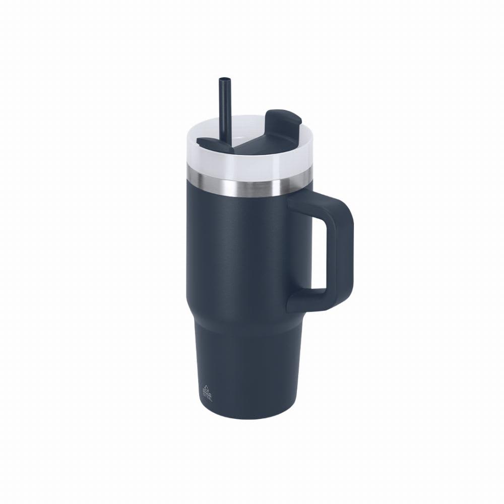 A drink bottle in navy blue with a stainless steel band, featuring a handle and a straw lid. Gobby - Image 1