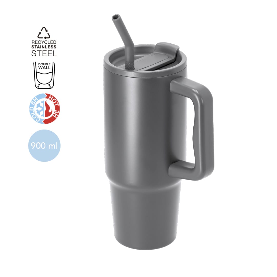 A drink bottle designed as a grey insulated mug with a handle, straw, and a logo, holding 900 ml. Yukon Insulated Mug - Image 1