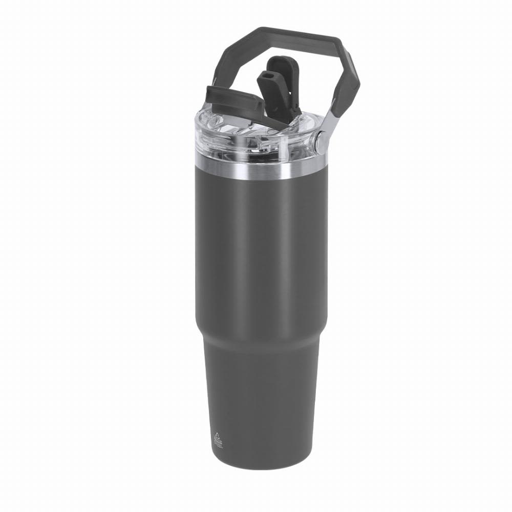 A drink bottle in matte black with a clear lid and an ergonomic handle, featuring a logo on the body. Transil - Image 1