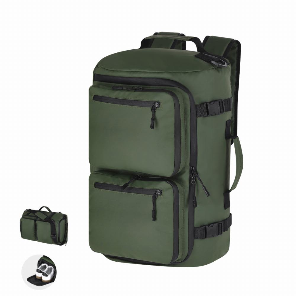 A green backpack with multiple zippered compartments and adjustable straps. It features a logo on the front. Mekong - Image 1