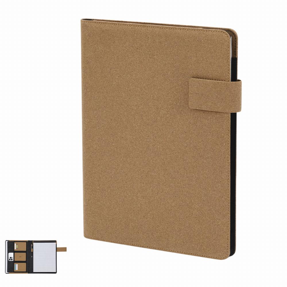 A notebook with a brown cover and a clasp, featuring a logo and a pocket for notes or cards. Ganges - Image 1