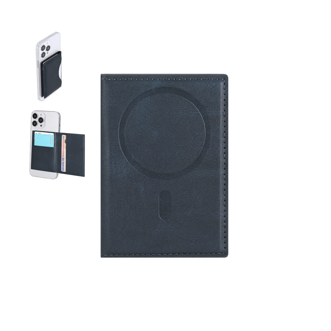 A dark navy card holder featuring a slot for cards and a circular magnetic attachment, designed for phone compatibility. Salwen Card Holder - Image 1