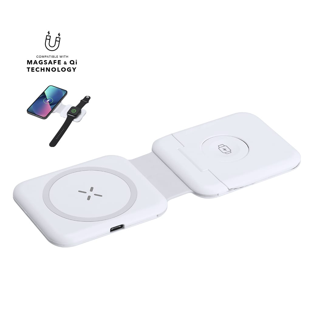 A white wireless charger with a foldable design, featuring a logo and compatibility with MagSafe and Qi technology. Vardar Charger - Image 1