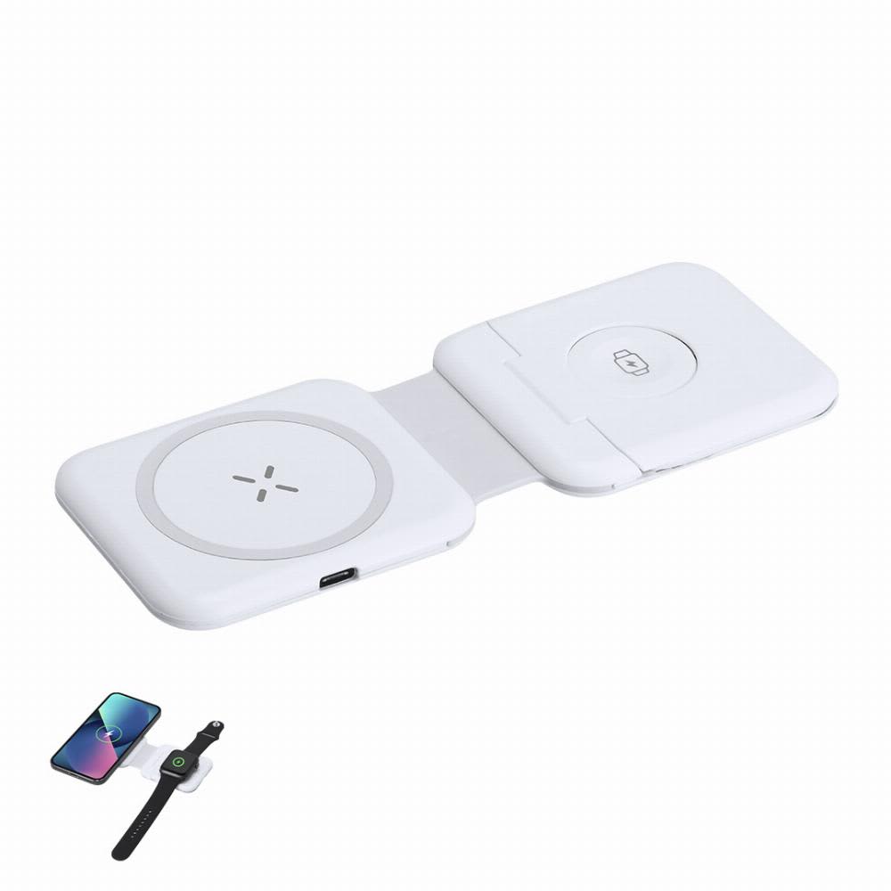 A white wireless charging pad with two sections, featuring a logo. Includes images of a smartphone and smartwatch. Vardar - Image 1