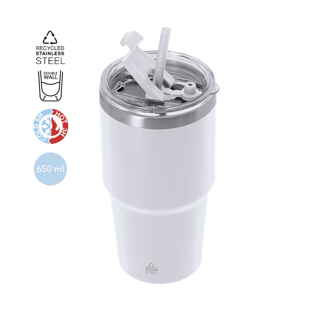 A drink bottle in white, made of recycled stainless steel, featuring a double wall and a straw. Vinson Insulated Cup - Image 1