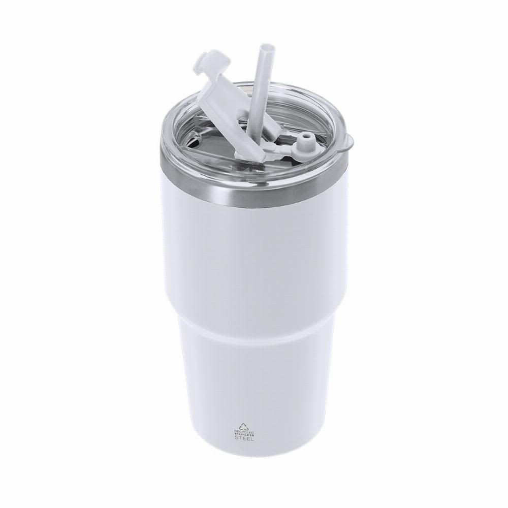 A drink bottle in white with a silver rim, featuring a straw and a lid with two openings. It has a logo. Vinson - Image 1