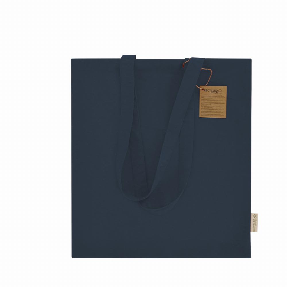 A reusable tote bag in navy blue with two sturdy handles and a tag attached. Features a logo on the side. Lovarin - Image 1