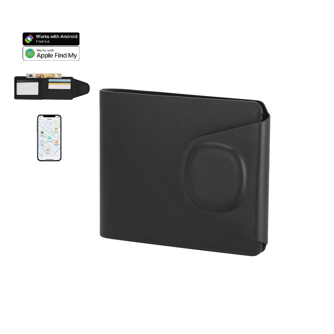 A black wallet with a sleek design, featuring a card holder and a slot for cash. Includes a branding logo. Nairobix Tracker Card Holder Wallet - Image 1