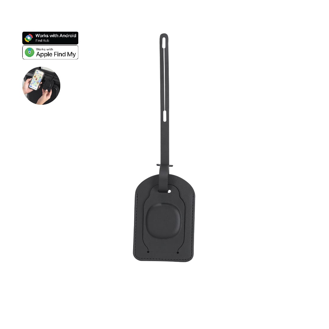 A black luggage tag featuring a secure attachment loop and a branded area for identification. Laloc Tracker Luggage Tag - Image 1