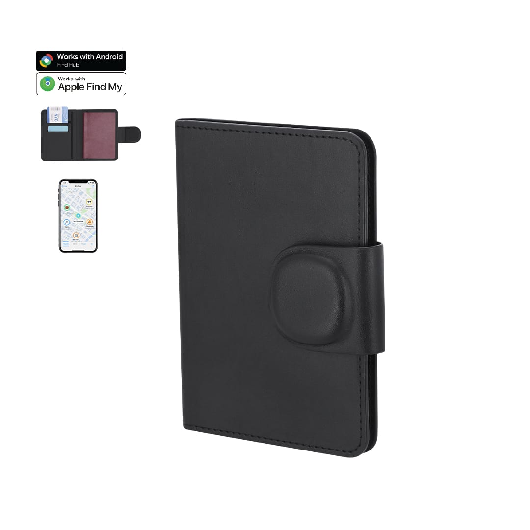 A black passport holder with a flap closure, featuring card slots and a logo. Includes a smartphone image displaying a map. Rebec Tracker Passport Holder - Image 1