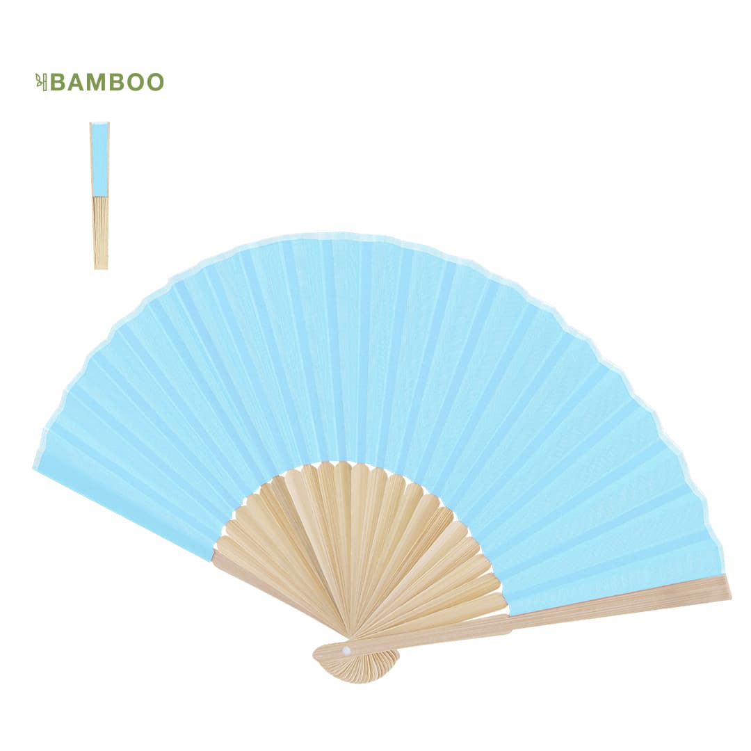 A bamboo hand fan in a light blue colour, featuring a traditional folding design. It has a logo on the handle. Mynor Hand Fan - Image 1