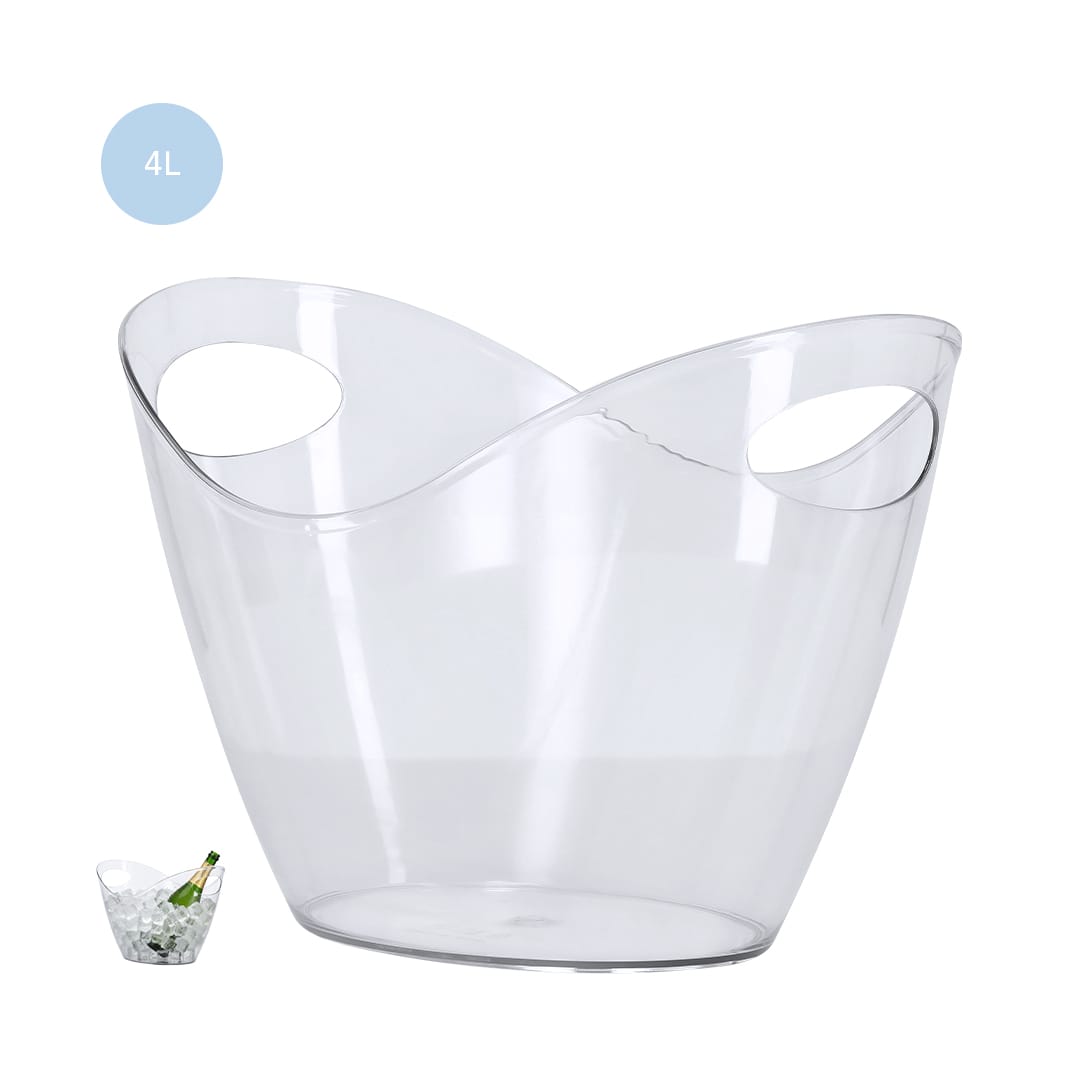 A clear ice bucket with a modern design and two handles, featuring capacity markings. Suitable for leisure use. Loban Ice Bucket - Image 1