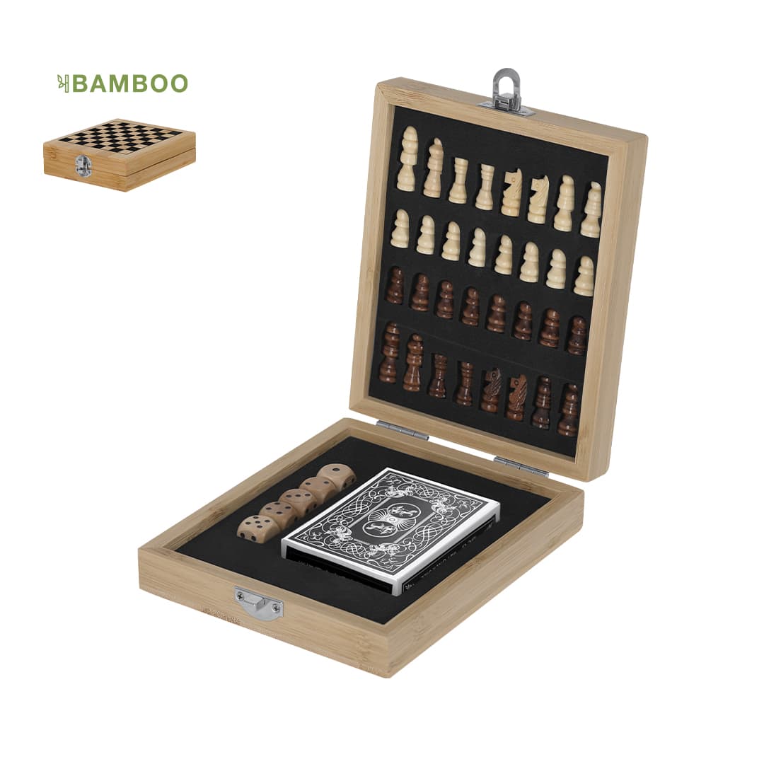 A bamboo game set featuring a chessboard, wooden chess pieces, and dice, all in a neat, portable box. Londox Game Set - Image 1
