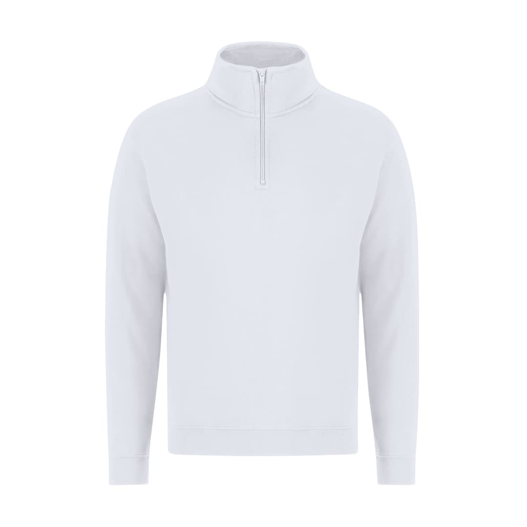 A white Galaxy Adult Sweatshirt featuring a high neckline and a zip. It has a logo on the design. Galaxy Adult Sweatshirt - Image 1
